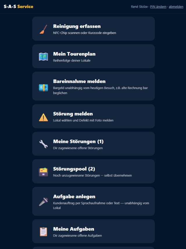 Startbildschirm der Außendienst-App auf dem Mobilgerät: Reinigung erfassen, Tourenplan, Störung melden