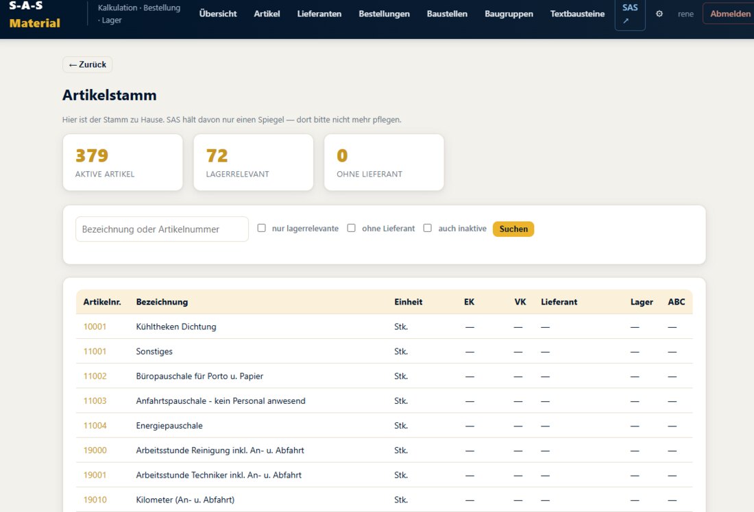 Artikelstamm der Materialwirtschaft mit Artikelnummern, Einheiten, Preisen und Lagerkennzeichen